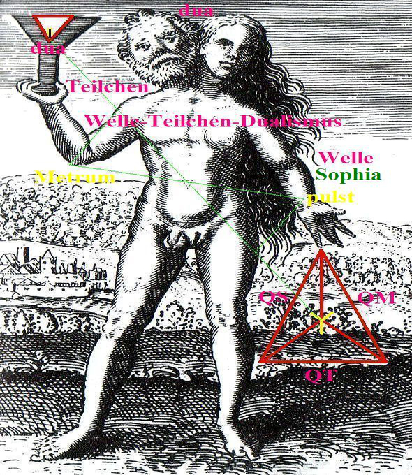 Hermaphrodit mit Einzeichnung, dun, dua, Y Teilchen, Welle-Teilchen-Dualismus, X, Welle Sophia, Metrum pulst, OM QT OS Dreieck
